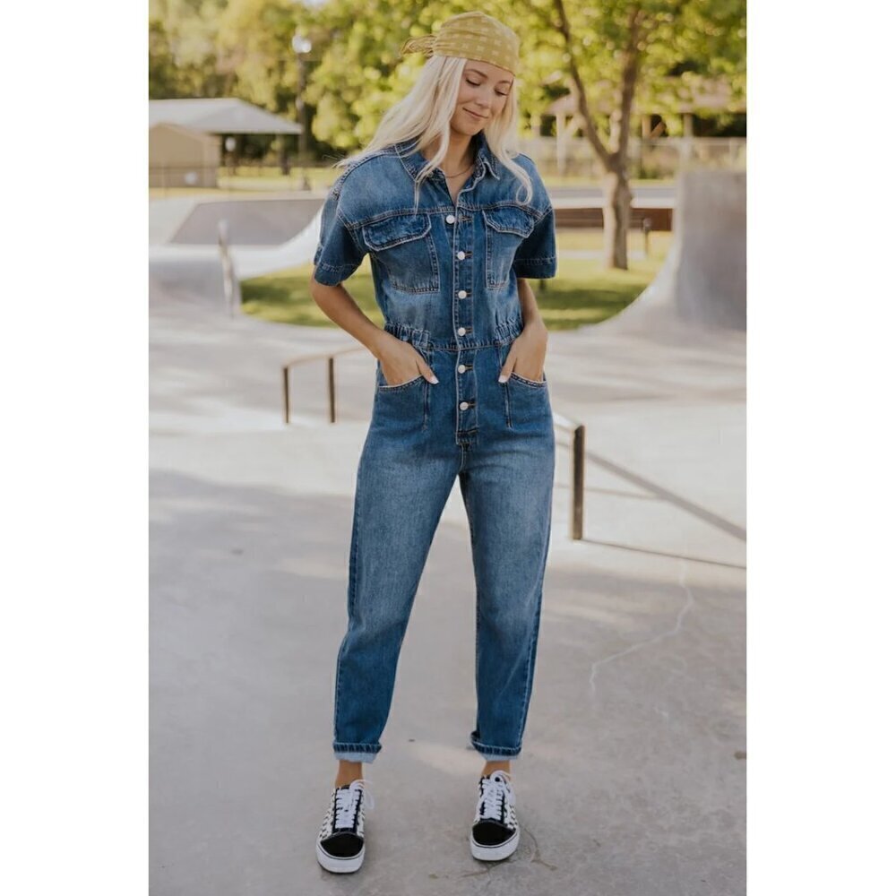FREE PEOPLE Marci Denim Jumpsuit in Wash Sapphire Blue Size Large